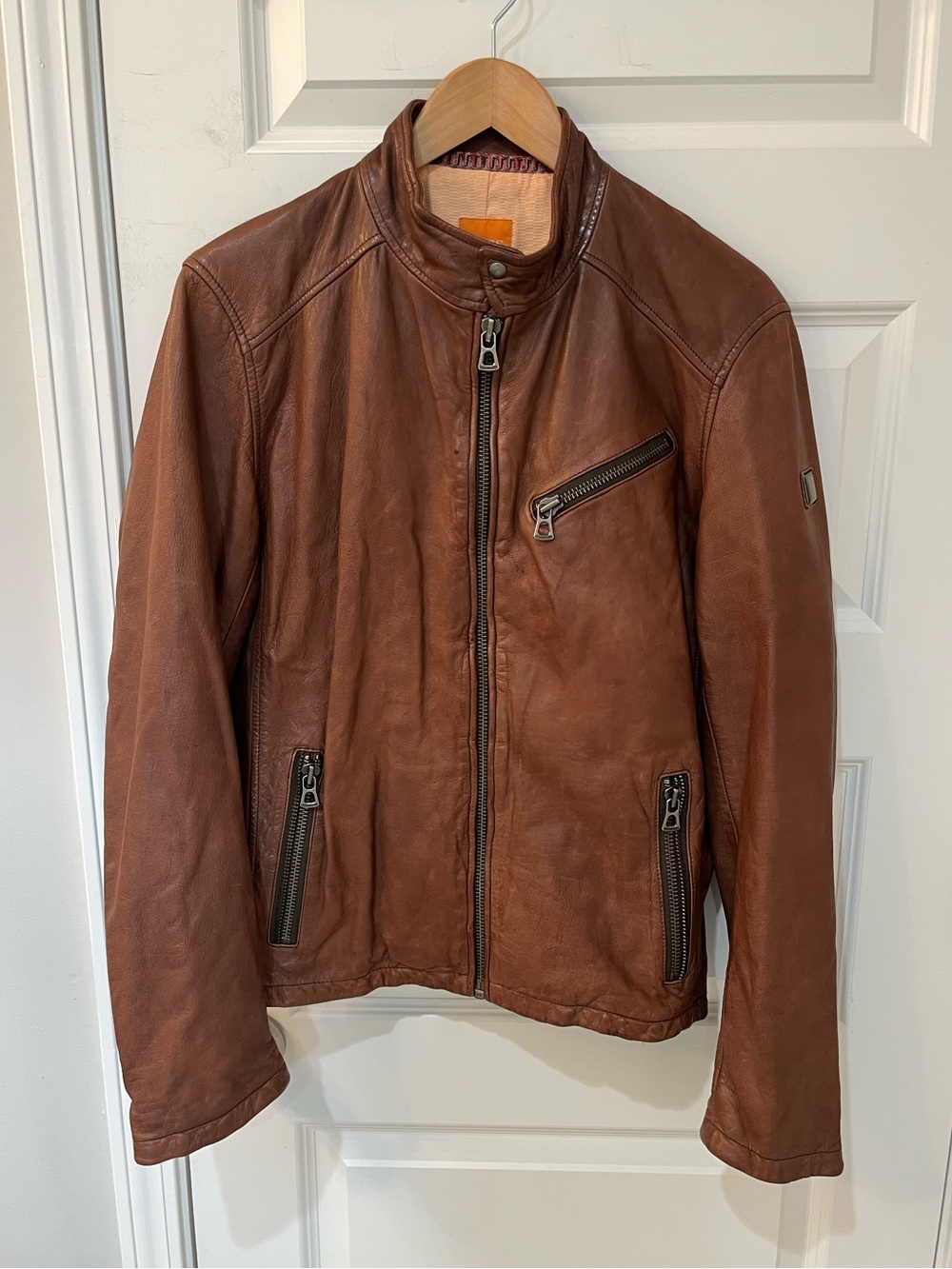 Hugo Boss Orange Julino Brown Leather Moto Jacket Mens 38R M Cafe Racer Full Zip